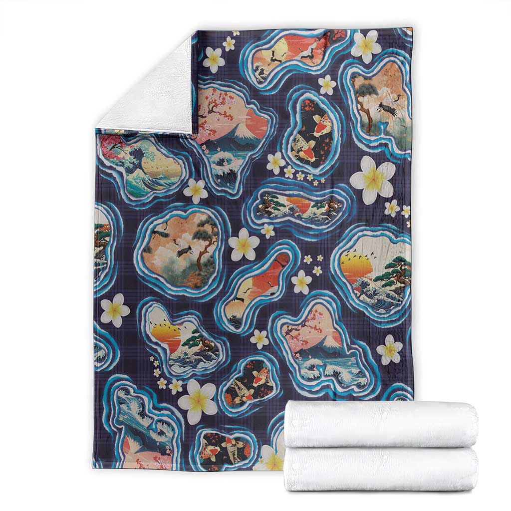 Hawaii Islands Map Design with Japanese Landscape Blanket Hawaiian Japan Fusion Art Navy Color LT03 - Polynesian Pride