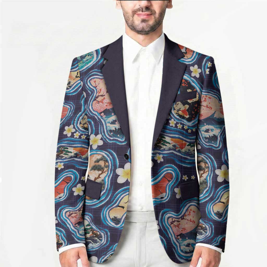 Hawaii Islands Map Design with Japanese Landscape Blazer Hawaiian Japan Fusion Art Navy Color LT03 - Polynesian Pride