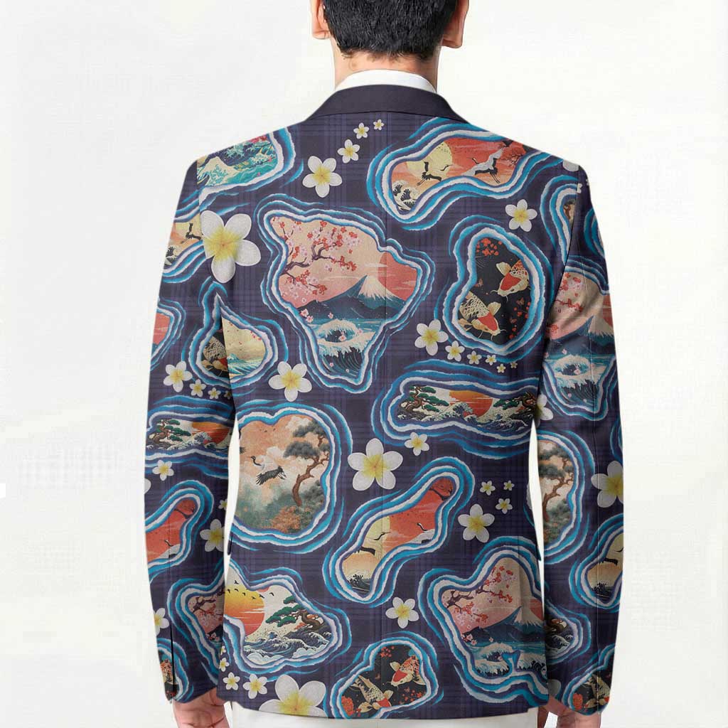 Hawaii Islands Map Design with Japanese Landscape Blazer Hawaiian Japan Fusion Art Navy Color LT03 - Polynesian Pride