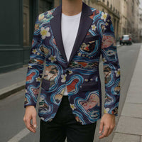 Hawaii Islands Map Design with Japanese Landscape Blazer Hawaiian Japan Fusion Art Navy Color LT03 - Polynesian Pride