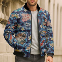 Hawaii Islands Map Design with Japanese Landscape Bomber Puffer Jacket Hawaiian Japan Fusion Art Navy Color LT03 - Polynesian Pride