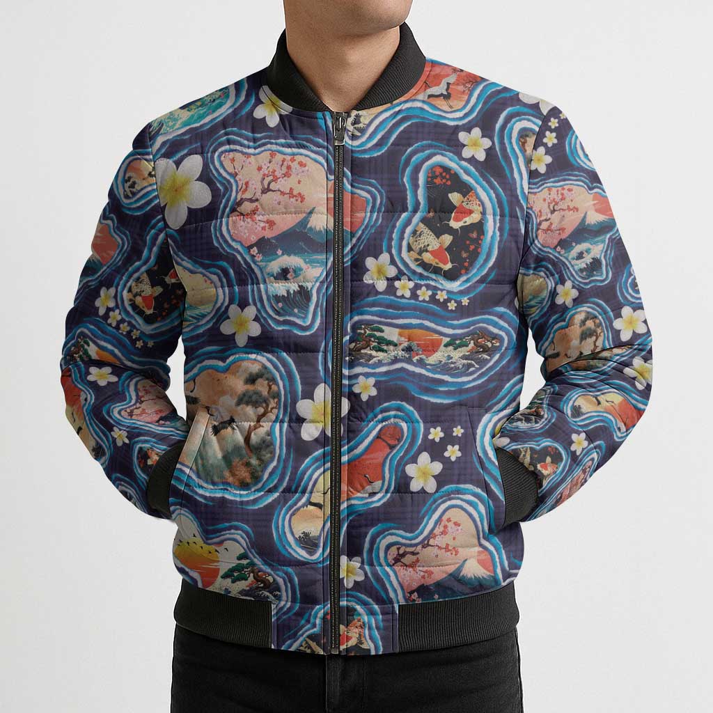 Hawaii Islands Map Design with Japanese Landscape Bomber Puffer Jacket Hawaiian Japan Fusion Art Navy Color LT03 - Polynesian Pride