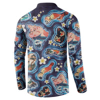 Hawaii Islands Map Design with Japanese Landscape Button Sweatshirt Hawaiian Japan Fusion Art Navy Color LT03 - Polynesian Pride