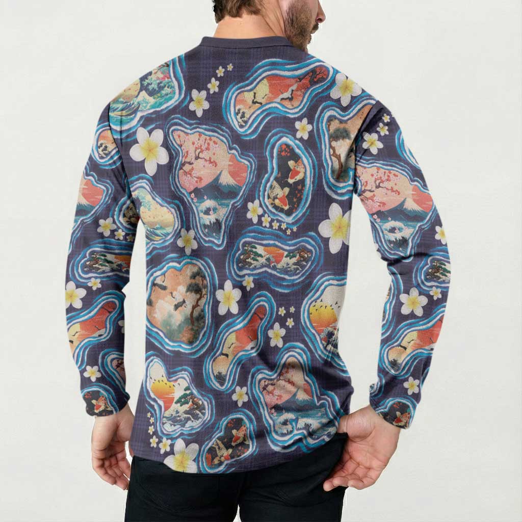Hawaii Islands Map Design with Japanese Landscape Button Sweatshirt Hawaiian Japan Fusion Art Navy Color LT03 - Polynesian Pride