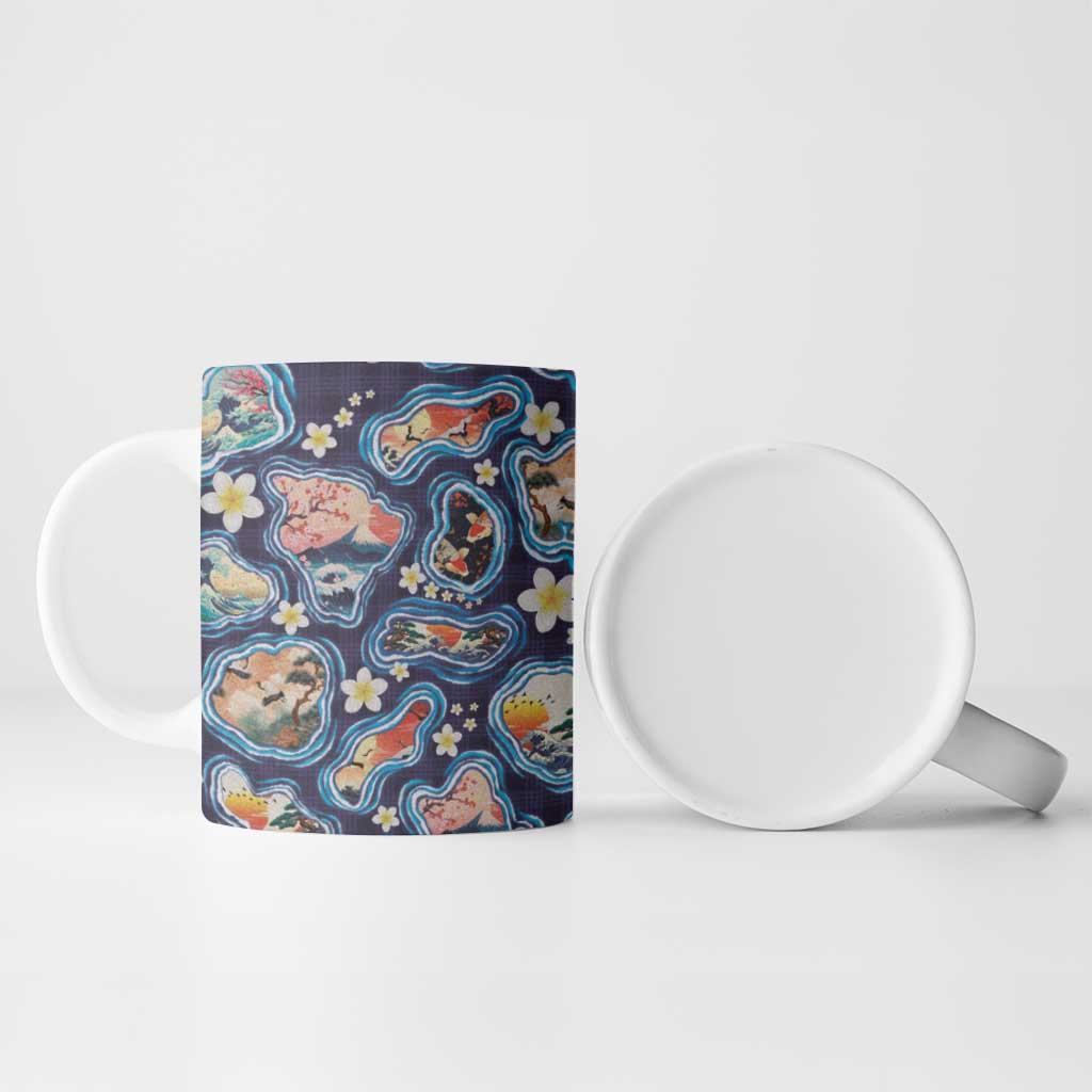 Hawaii Islands Map Design with Japanese Landscape Ceramic Mug Hawaiian Japan Fusion Art Navy Color LT03 - Polynesian Pride