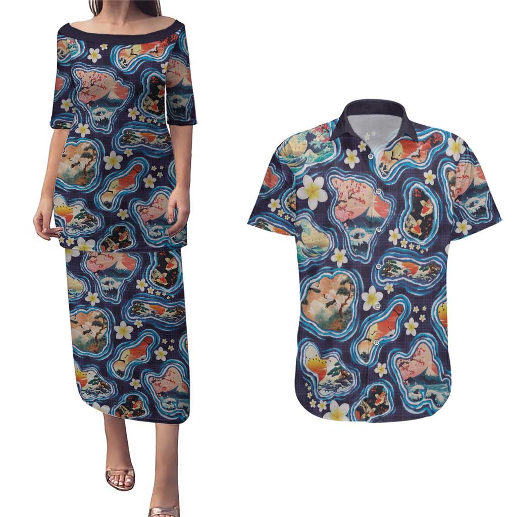 Hawaii Islands Map Design with Japanese Landscape Couples Matching Puletasi and Hawaiian Shirt Hawaiian Japan Fusion Art Navy Color