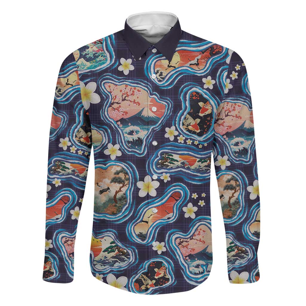 Hawaii Islands Map Design with Japanese Landscape Family Matching Off Shoulder Short Dress and Hawaiian Shirt Hawaiian Japan Fusion Art Navy Color LT03 Dad's Shirt - Long Sleeve Navy - Polynesian Pride
