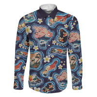Hawaii Islands Map Design with Japanese Landscape Family Matching Short Sleeve Bodycon Dress and Hawaiian Shirt Hawaiian Japan Fusion Art Navy Color LT03 Dad's Shirt - Long Sleeve Navy - Polynesian Pride