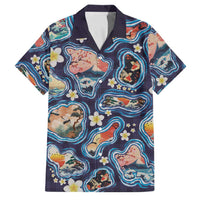 Hawaii Islands Map Design with Japanese Landscape Family Matching Summer Maxi Dress and Hawaiian Shirt Hawaiian Japan Fusion Art Navy Color LT03 Dad's Shirt - Short Sleeve Navy - Polynesian Pride