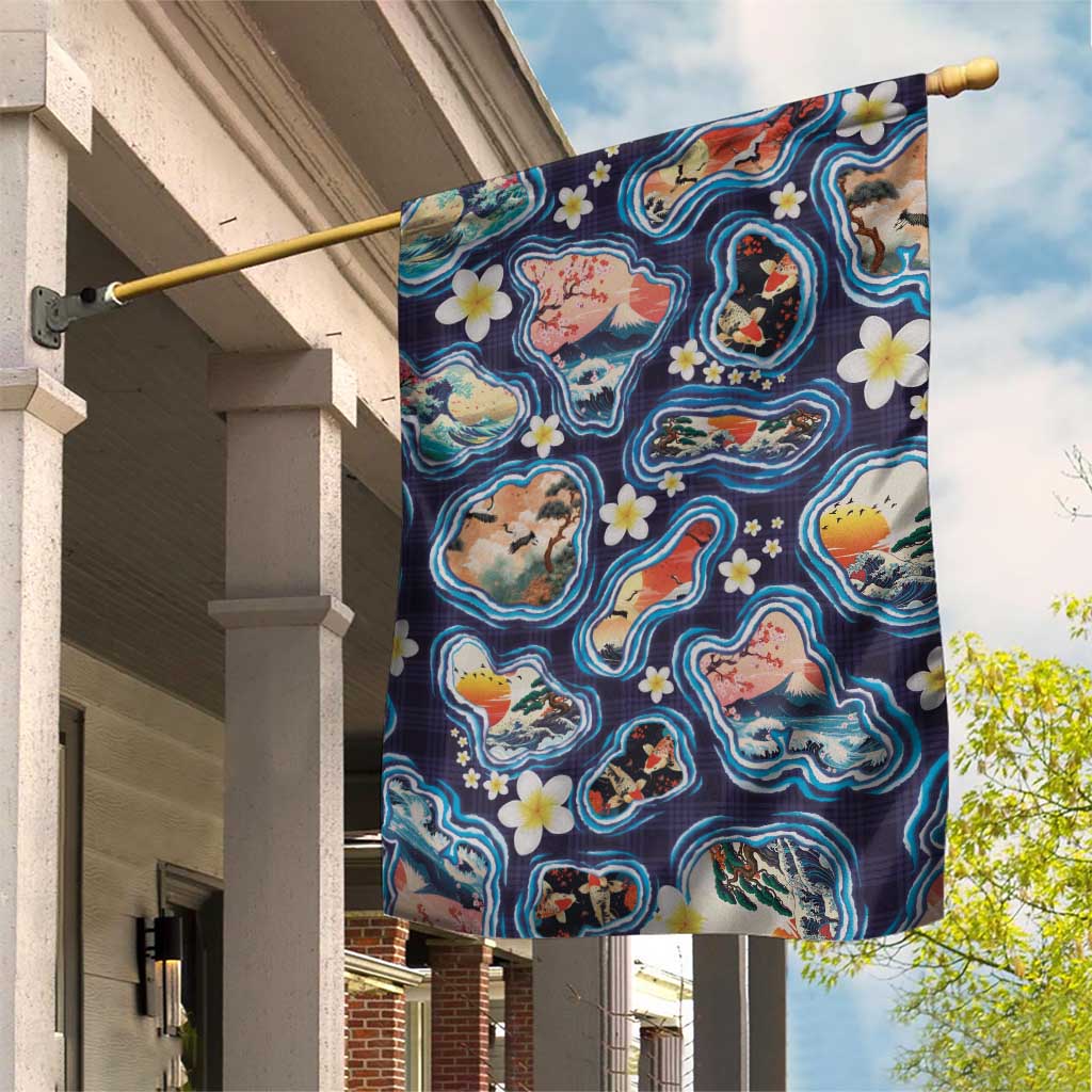 Hawaii Islands Map Design with Japanese Landscape Garden Flag Hawaiian Japan Fusion Art Navy Color