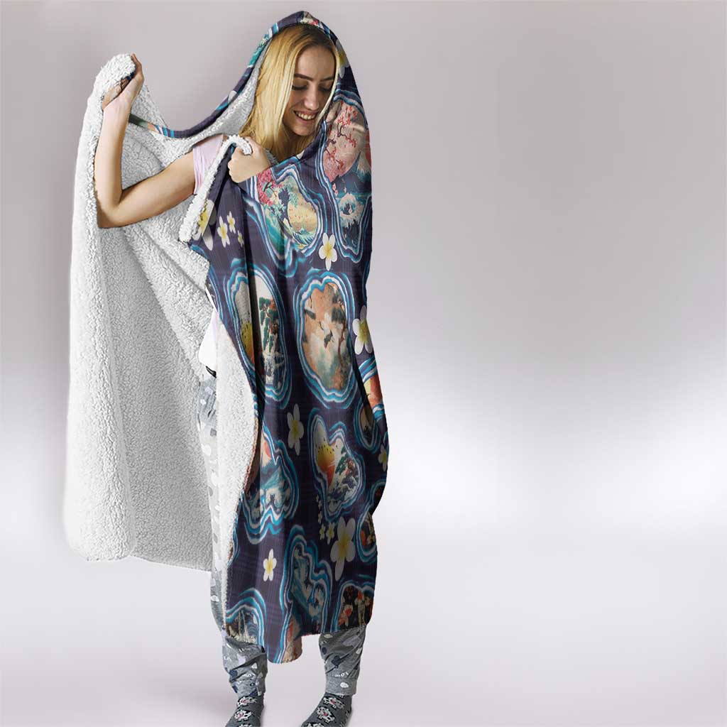 Hawaii Islands Map Design with Japanese Landscape Hooded Blanket Hawaiian Japan Fusion Art Navy Color LT03 - Polynesian Pride