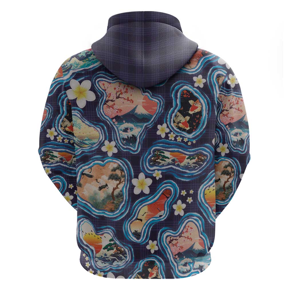Hawaii Islands Map Design with Japanese Landscape Hoodie Hawaiian Japan Fusion Art Navy Color LT03 - Polynesian Pride