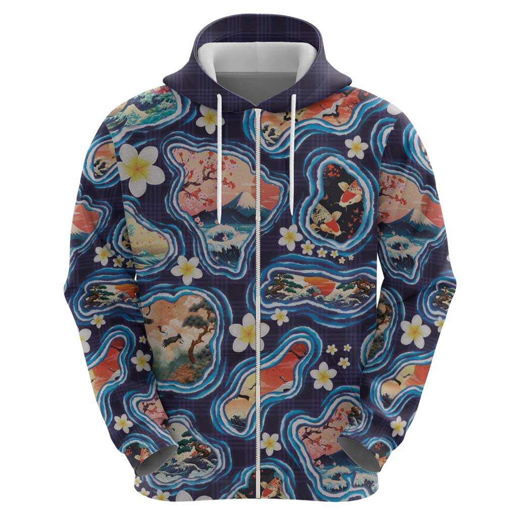 Hawaii Islands Map Design with Japanese Landscape Hoodie Hawaiian Japan Fusion Art Navy Color LT03 - Polynesian Pride
