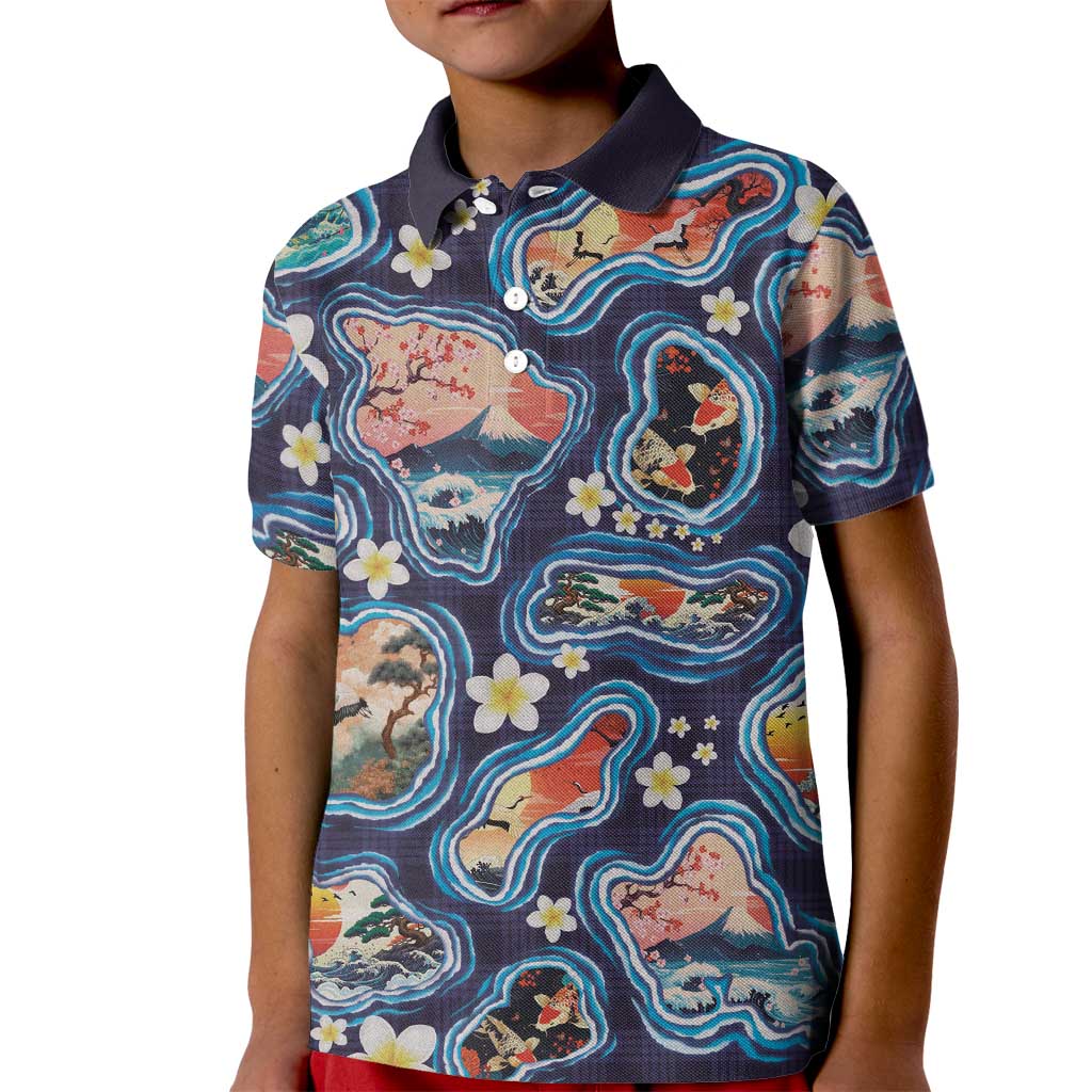 Hawaii Islands Map Design with Japanese Landscape Kid Polo Shirt Hawaiian Japan Fusion Art Navy Color LT03 Kid Navy - Polynesian Pride