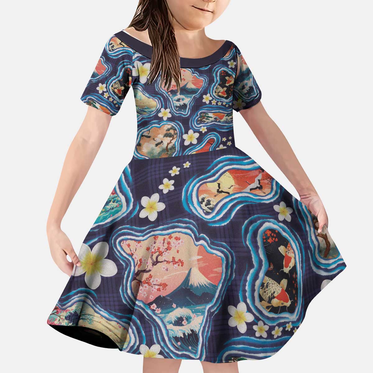 Hawaii Islands Map Design with Japanese Landscape Kid Short Sleeve Dress Hawaiian Japan Fusion Art Navy Color