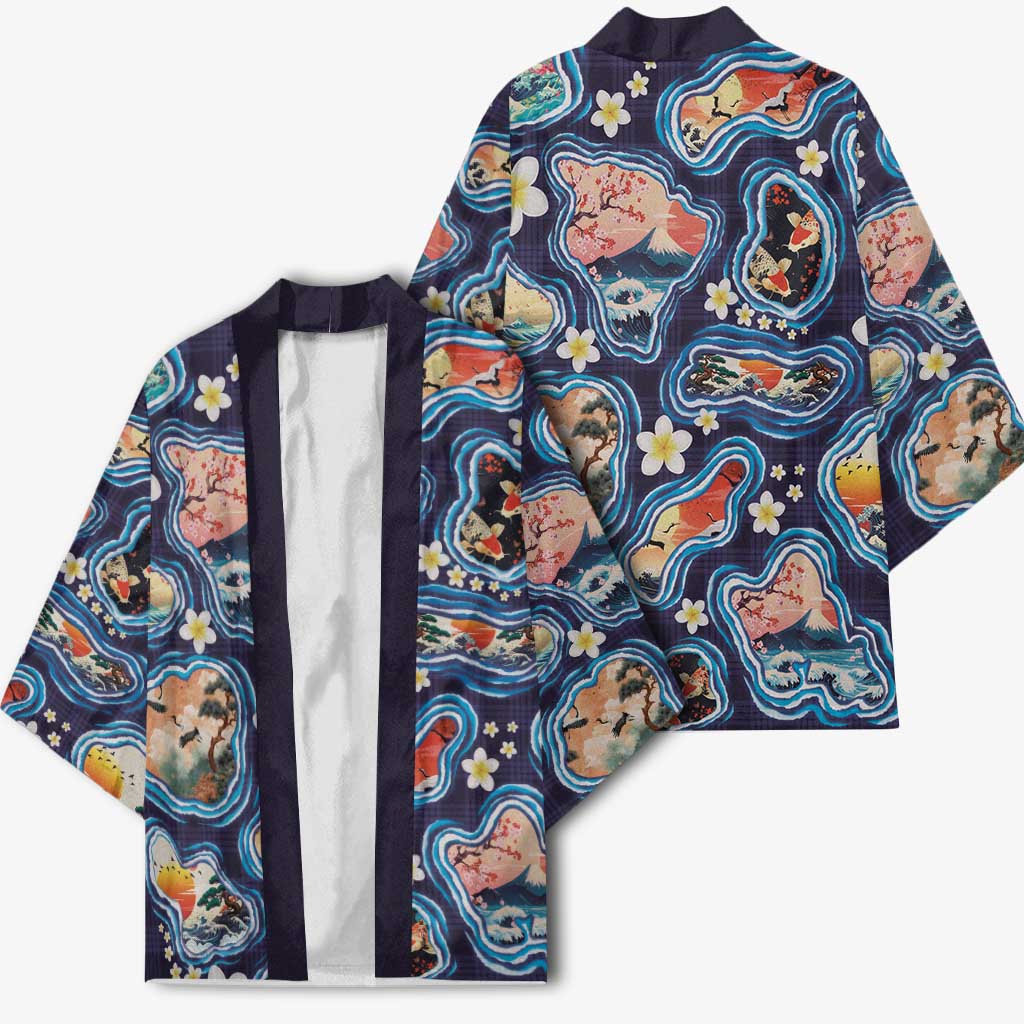 Hawaii Islands Map Design with Japanese Landscape Kimono Hawaiian Japan Fusion Art Navy Color LT03 - Polynesian Pride