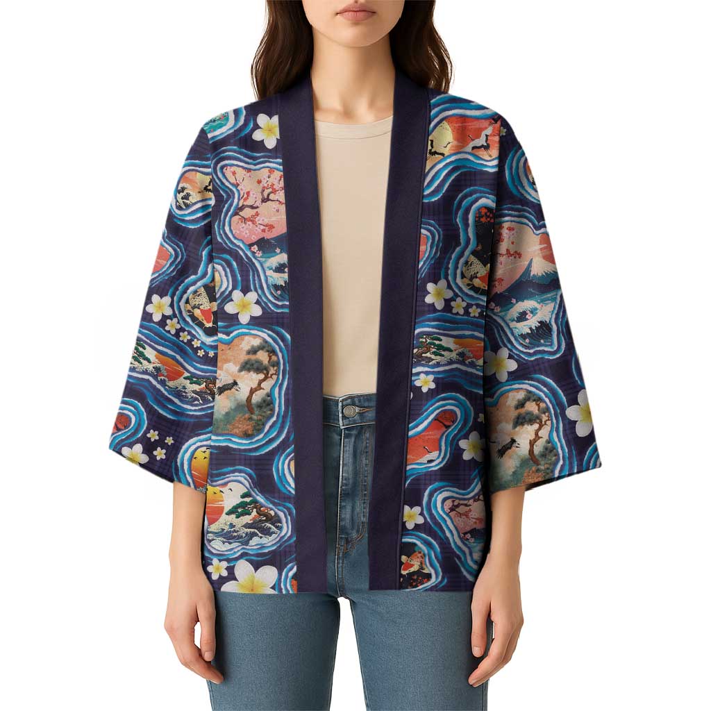 Hawaii Islands Map Design with Japanese Landscape Kimono Hawaiian Japan Fusion Art Navy Color LT03 - Polynesian Pride