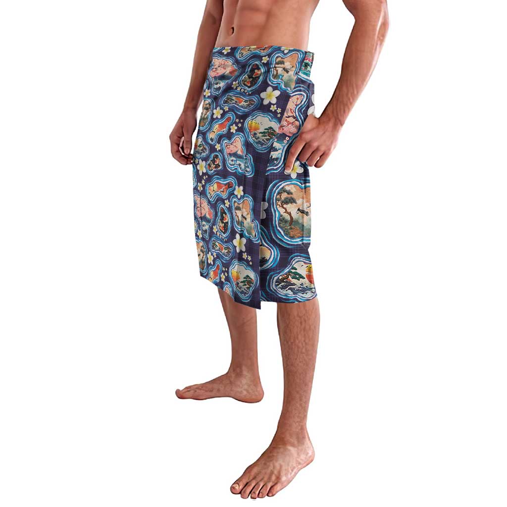 Hawaii Islands Map Design with Japanese Landscape Lavalava Hawaiian Japan Fusion Art Navy Color LT03 - Polynesian Pride