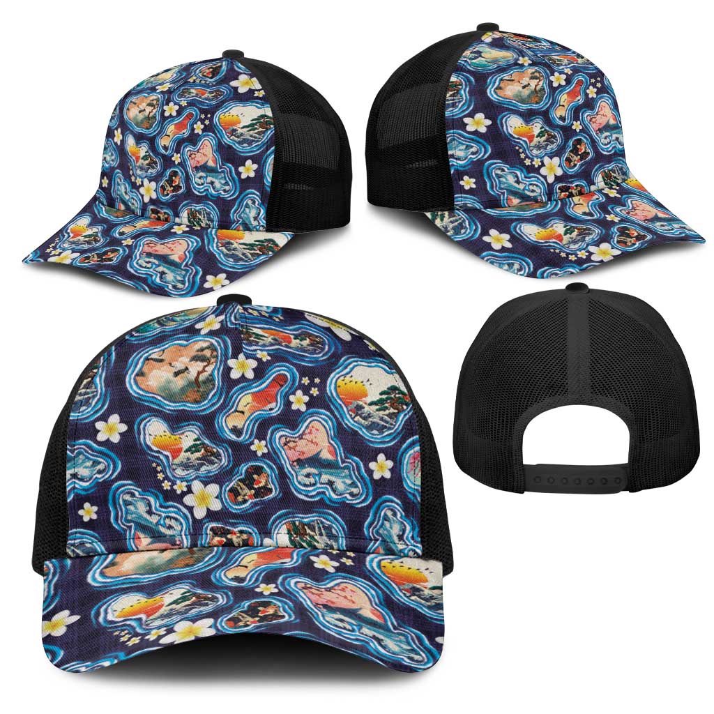 Hawaii Islands Map Design with Japanese Landscape Mesh Trucker Cap Hawaiian Japan Fusion Art Navy Color LT03 - Polynesian Pride