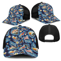 Hawaii Islands Map Design with Japanese Landscape Mesh Trucker Cap Hawaiian Japan Fusion Art Navy Color LT03 - Polynesian Pride