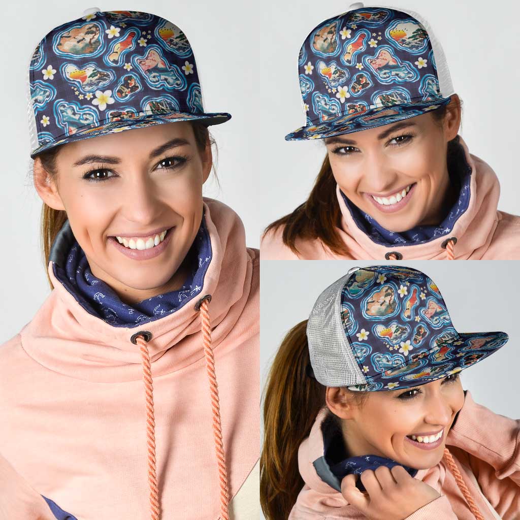 Hawaii Islands Map Design with Japanese Landscape Mesh Trucker Cap Hawaiian Japan Fusion Art Navy Color LT03 - Polynesian Pride
