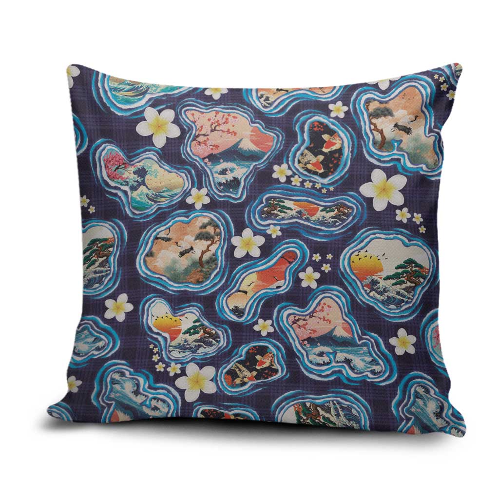 Hawaii Islands Map Design with Japanese Landscape Pillow Cover Hawaiian Japan Fusion Art Navy Color LT03 Navy - Polynesian Pride