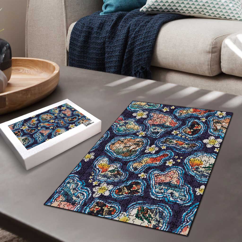 Hawaii Islands Map Design with Japanese Landscape Puzzle Hawaiian Japan Fusion Art Navy Color LT03 - Polynesian Pride