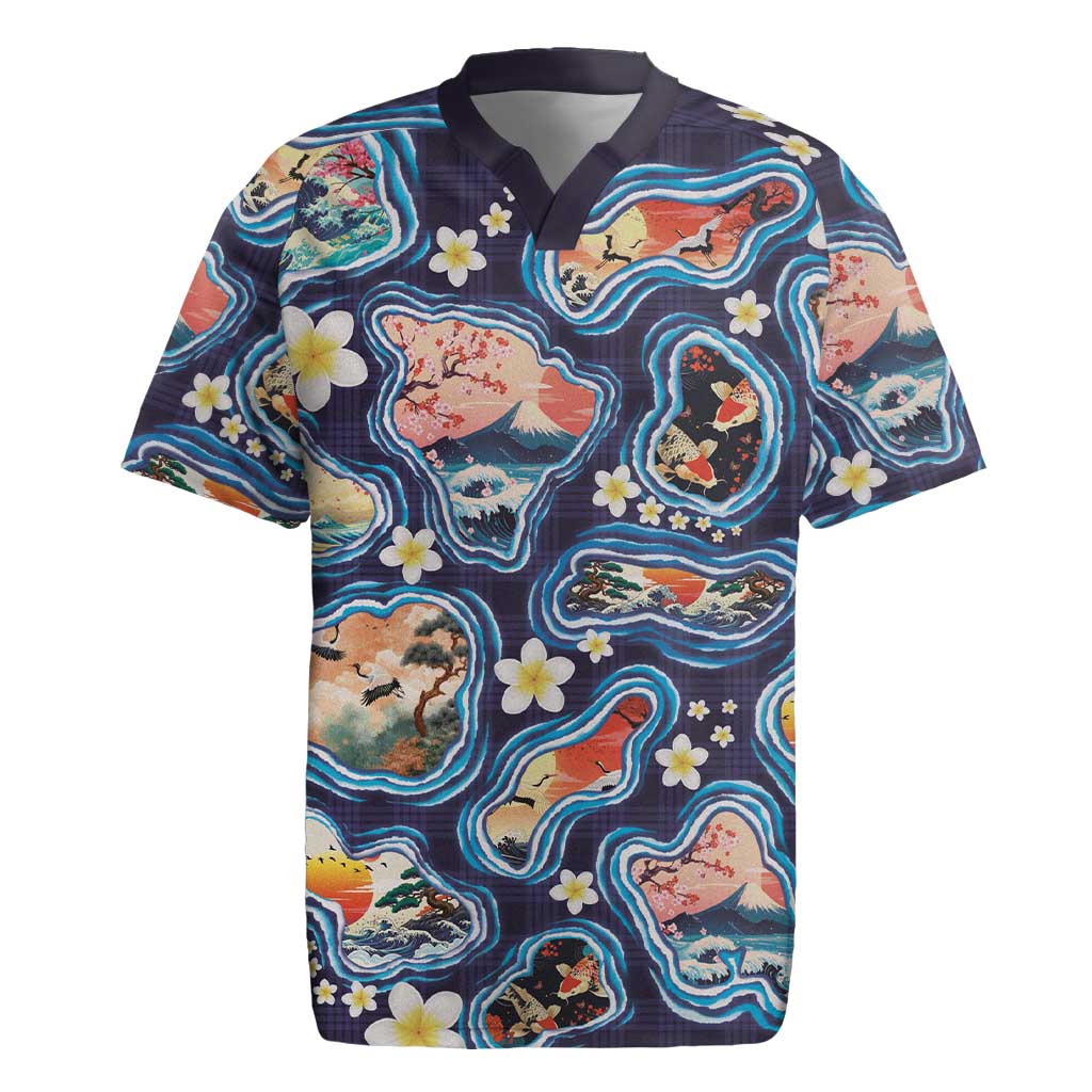 Hawaii Islands Map Design with Japanese Landscape Rugby Jersey Hawaiian Japan Fusion Art Navy Color LT03 Navy - Polynesian Pride