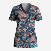 Hawaii Islands Map Design with Japanese Landscape Scrub Top Hawaiian Japan Fusion Art Navy Color LT03 Adult Navy - Polynesian Pride