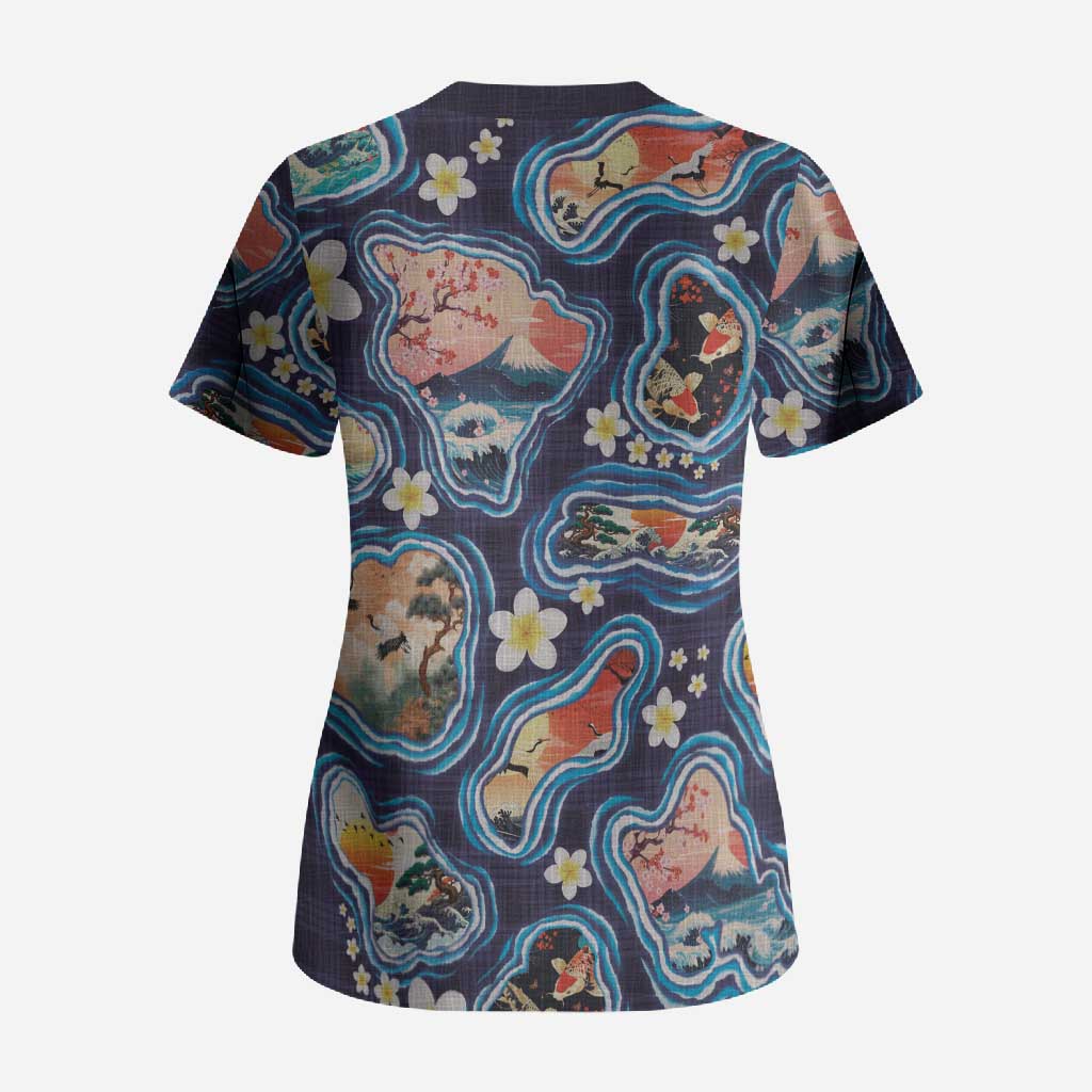 Hawaii Islands Map Design with Japanese Landscape Scrub Top Hawaiian Japan Fusion Art Navy Color LT03 - Polynesian Pride