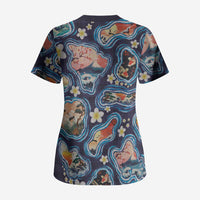 Hawaii Islands Map Design with Japanese Landscape Scrub Top Hawaiian Japan Fusion Art Navy Color LT03 - Polynesian Pride