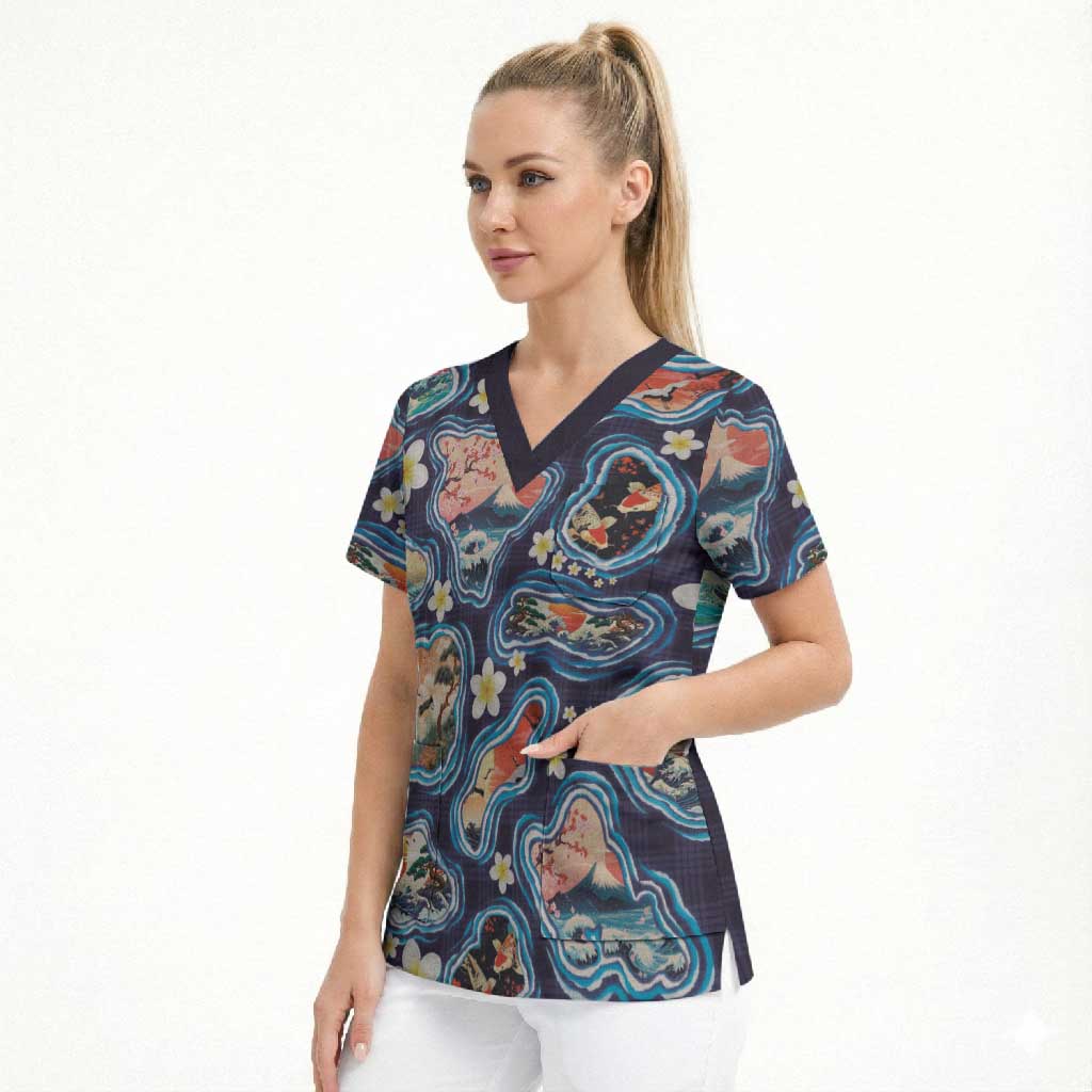 Hawaii Islands Map Design with Japanese Landscape Scrub Top Hawaiian Japan Fusion Art Navy Color LT03 - Polynesian Pride