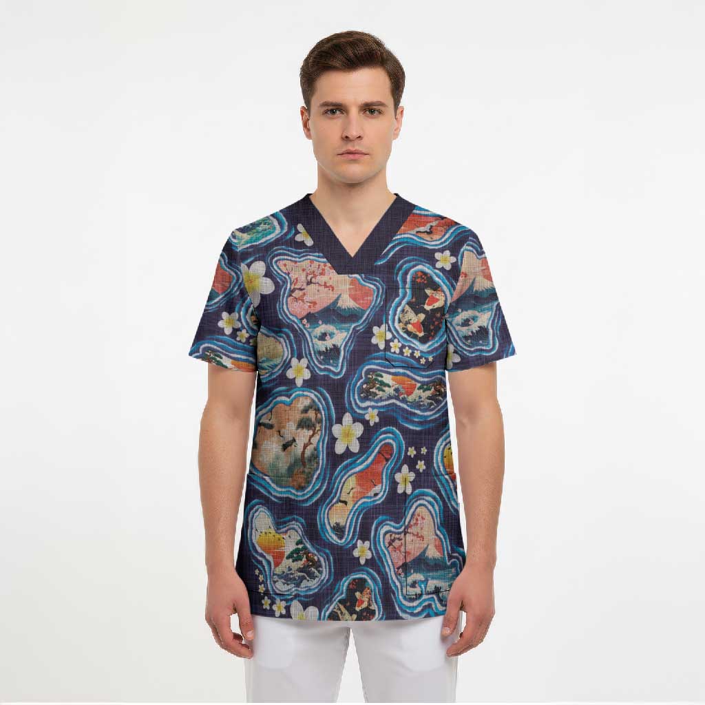Hawaii Islands Map Design with Japanese Landscape Scrub Top Hawaiian Japan Fusion Art Navy Color LT03 - Polynesian Pride