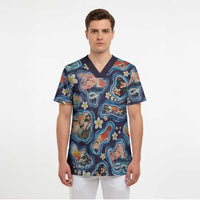 Hawaii Islands Map Design with Japanese Landscape Scrub Top Hawaiian Japan Fusion Art Navy Color LT03 - Polynesian Pride