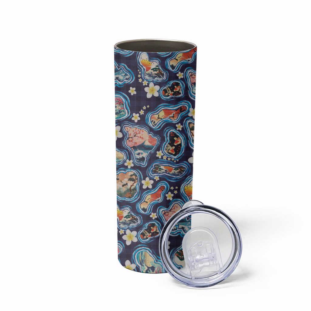 Hawaii Islands Map Design with Japanese Landscape Skinny Tumbler Hawaiian Japan Fusion Art Navy Color LT03 - Polynesian Pride