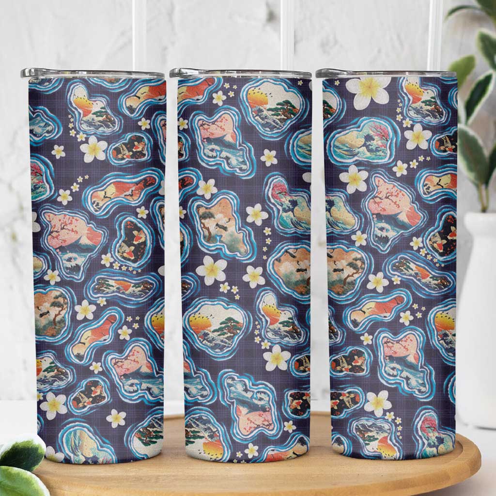Hawaii Islands Map Design with Japanese Landscape Skinny Tumbler Hawaiian Japan Fusion Art Navy Color LT03 - Polynesian Pride