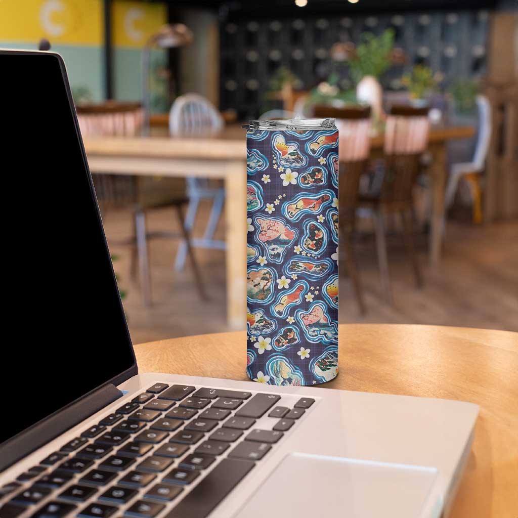 Hawaii Islands Map Design with Japanese Landscape Skinny Tumbler Hawaiian Japan Fusion Art Navy Color LT03 - Polynesian Pride