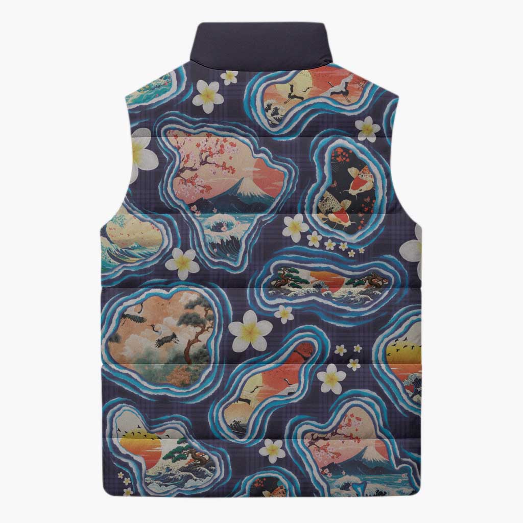 Hawaii Islands Map Design with Japanese Landscape Sleeveless Puffer Jacket Hawaiian Japan Fusion Art Navy Color LT03 - Polynesian Pride