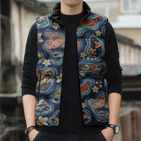 Hawaii Islands Map Design with Japanese Landscape Sleeveless Puffer Jacket Hawaiian Japan Fusion Art Navy Color LT03 - Polynesian Pride