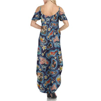Hawaii Islands Map Design with Japanese Landscape Summer Maxi Dress Hawaiian Japan Fusion Art Navy Color LT03 - Polynesian Pride