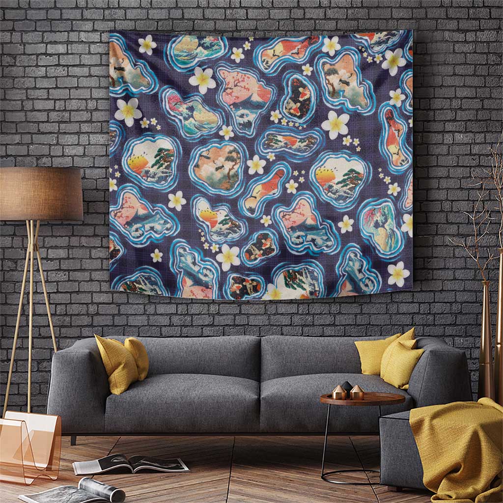 Hawaii Islands Map Design with Japanese Landscape Tapestry Hawaiian Japan Fusion Art Navy Color LT03 Navy - Polynesian Pride