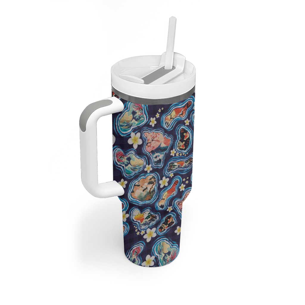 Hawaii Islands Map Design with Japanese Landscape Tumbler With Handle Hawaiian Japan Fusion Art Navy Color LT03 - Polynesian Pride