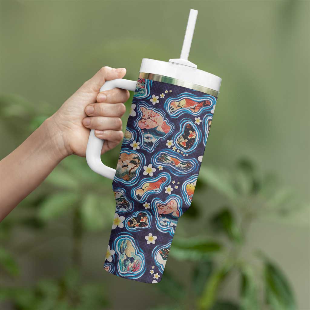 Hawaii Islands Map Design with Japanese Landscape Tumbler With Handle Hawaiian Japan Fusion Art Navy Color LT03 - Polynesian Pride