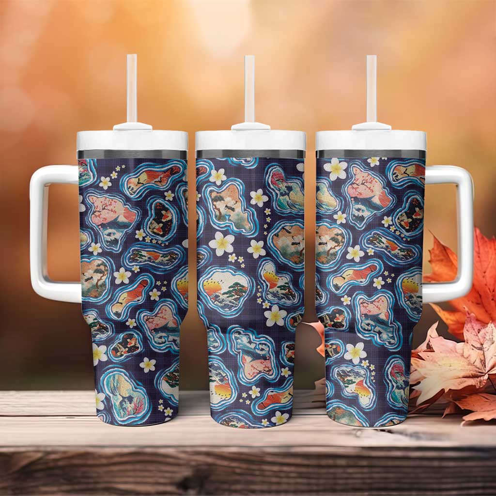 Hawaii Islands Map Design with Japanese Landscape Tumbler With Handle Hawaiian Japan Fusion Art Navy Color LT03 - Polynesian Pride