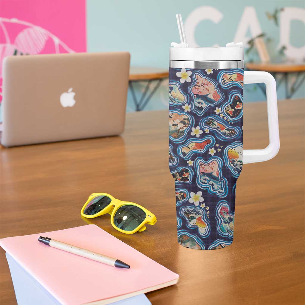 Hawaii Islands Map Design with Japanese Landscape Tumbler With Handle Hawaiian Japan Fusion Art Navy Color LT03 - Polynesian Pride