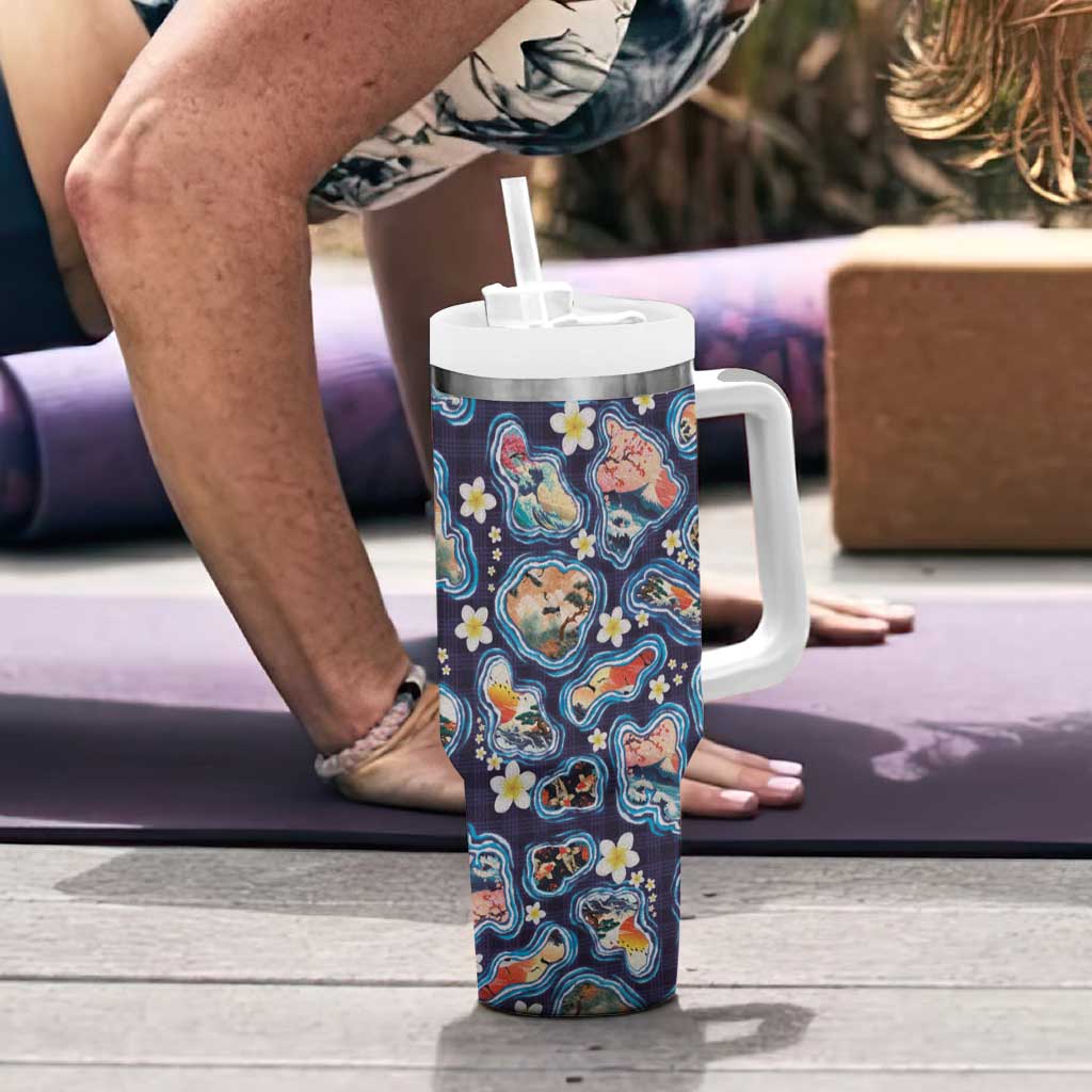 Hawaii Islands Map Design with Japanese Landscape Tumbler With Handle Hawaiian Japan Fusion Art Navy Color LT03 - Polynesian Pride