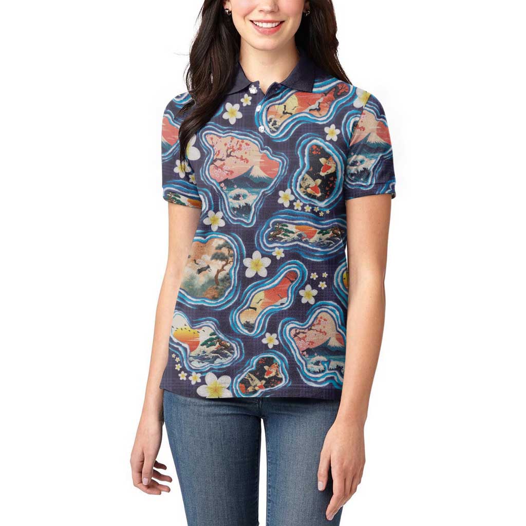Hawaii Islands Map Design with Japanese Landscape Women Polo Shirt Hawaiian Japan Fusion Art Navy Color LT03 - Polynesian Pride