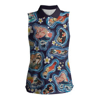 Hawaii Islands Map Design with Japanese Landscape Women Sleeveless Polo Shirt Hawaiian Japan Fusion Art Navy Color LT03 Female Navy - Polynesian Pride