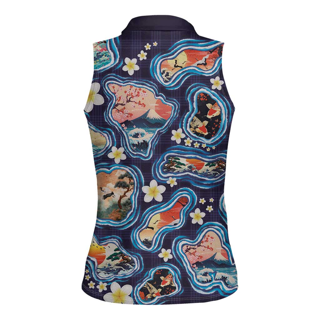 Hawaii Islands Map Design with Japanese Landscape Women Sleeveless Polo Shirt Hawaiian Japan Fusion Art Navy Color LT03 - Polynesian Pride