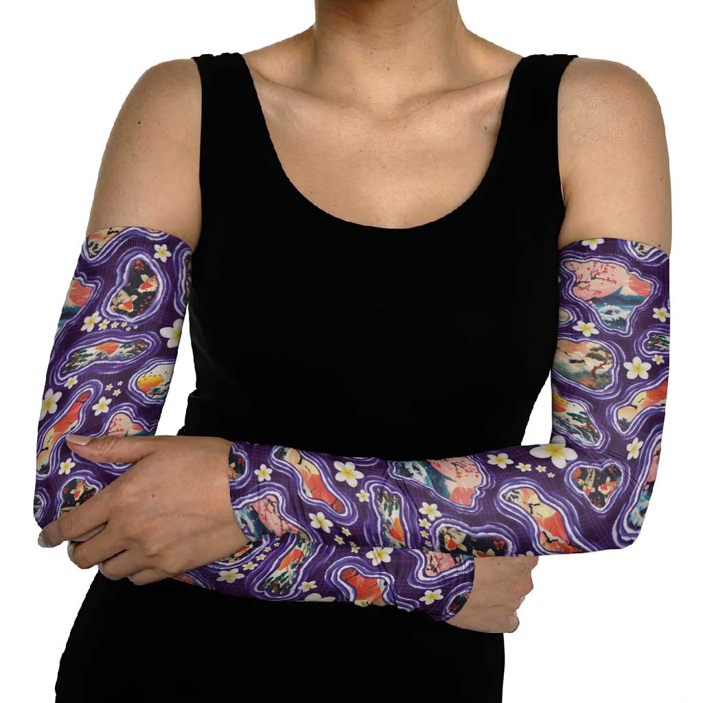 Hawaii Islands Map Design with Japanese Landscape Arm Sleeves Hawaiian Japan Fusion Art Purple Color LT03 - Polynesian Pride